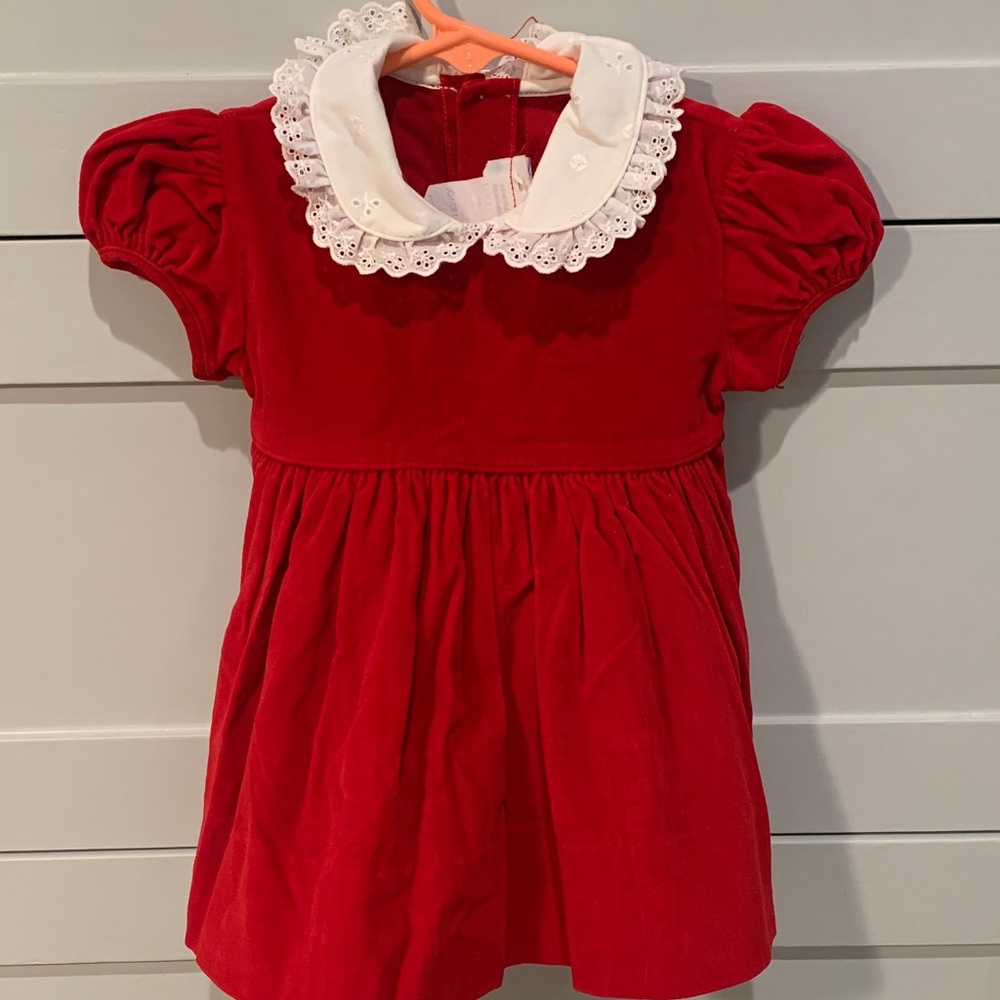Vintage Classiques Entier Red Velvet Cotton Dress with White Lace and Buttons